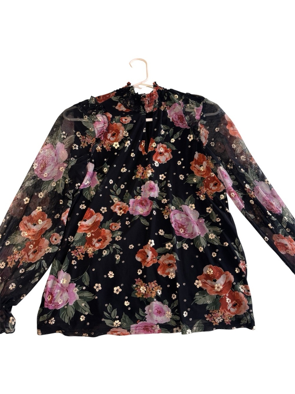 Sheer Floral High-Neck Blouse in Black with Pink & Orange Flowers